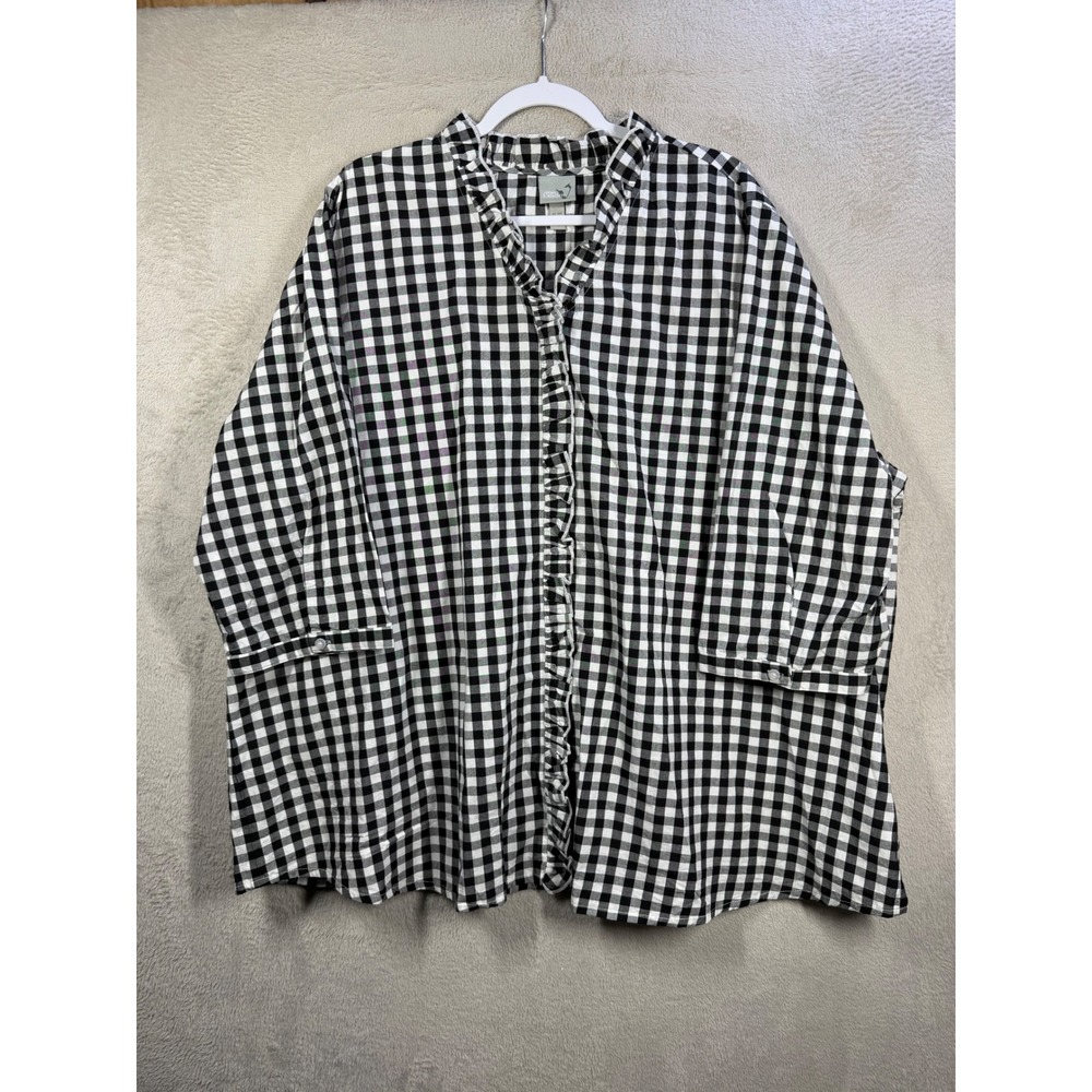 Ulla Popken Von Landen Shirt Women 28/30 Black Gingham Ruffle Button Up Top